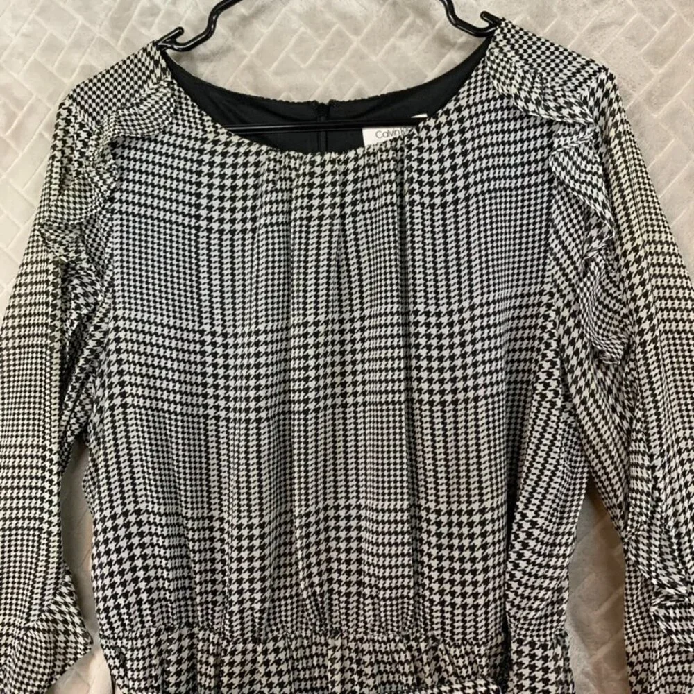 Calvin Klein Womens M Mini Dress Black White Houndstooth Long Sleeve with Belt - Picture 2 of 16